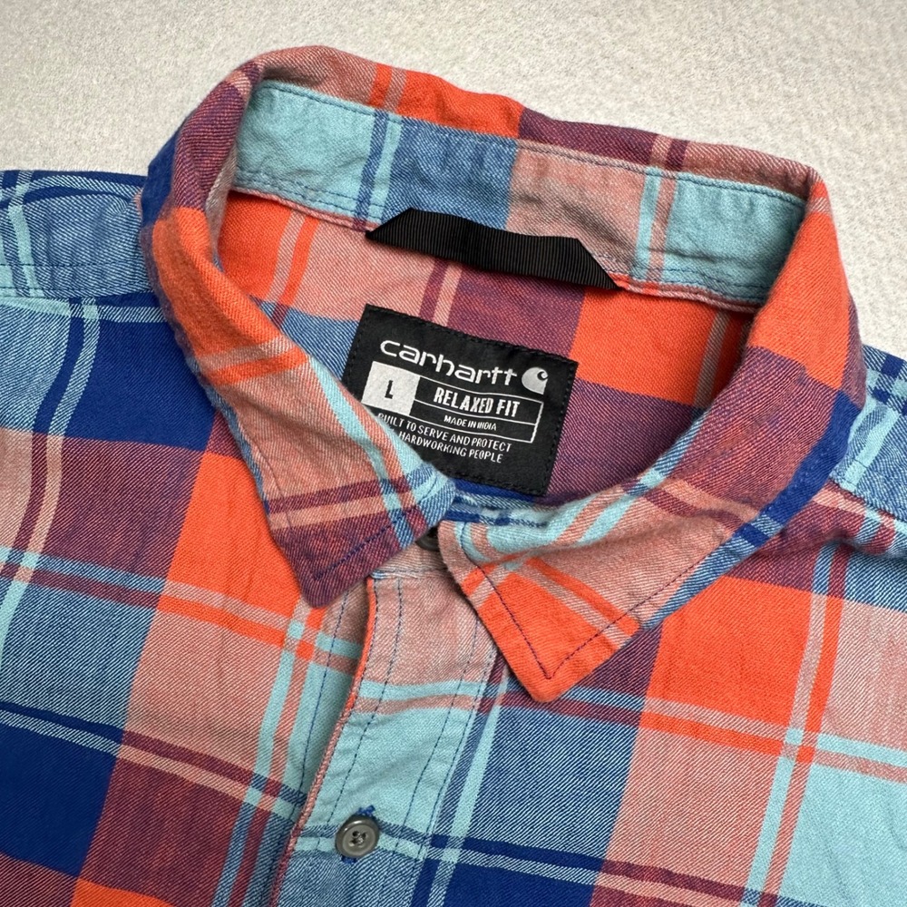 Carhartt Button Down Shirt Mens L Orange Blue Plaid Relaxed Fit S/S Workwear